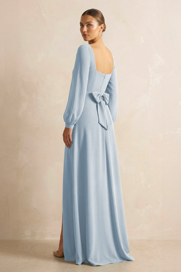 Square Neck Long Sleeves Chiffon Sheath Bridesmaid Dress in Dusty Blue - KissProm Bridesmaid Dresses