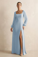 Square Neck Long Sleeves Chiffon Sheath Bridesmaid Dress in Dusty Blue - KissProm Bridesmaid Dresses