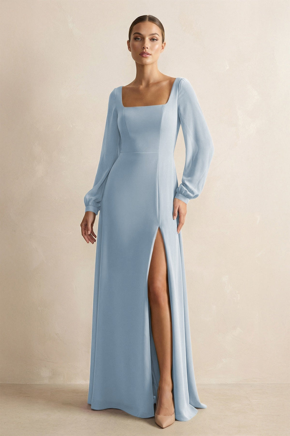 Square Neck Long Sleeves Chiffon Sheath Bridesmaid Dress in Dusty Blue - KissProm Bridesmaid Dresses