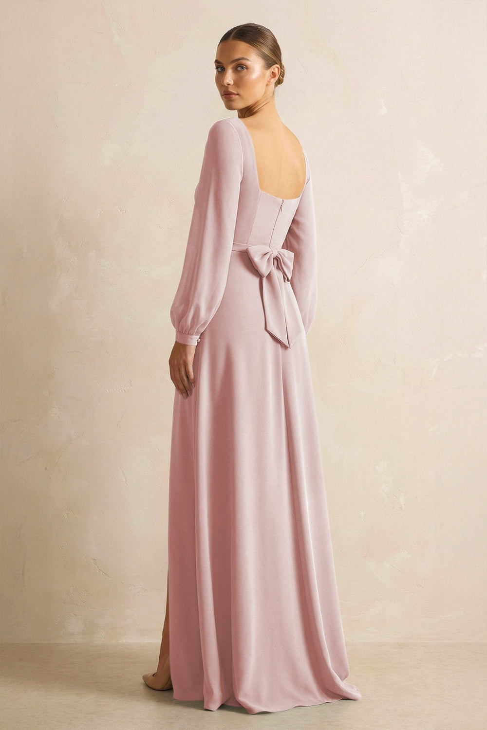 Square Neck Long Sleeves Chiffon Sheath Bridesmaid Dress in Dusty Rose - KissProm Bridesmaid Dresses