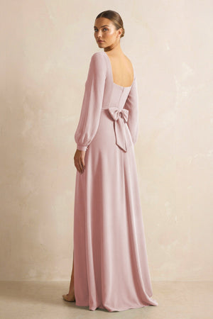 Square Neck Long Sleeves Chiffon Sheath Bridesmaid Dress in Dusty Rose - KissProm Bridesmaid Dresses