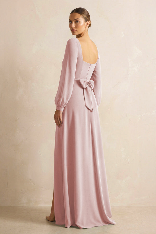 Square Neck Long Sleeves Chiffon Sheath Bridesmaid Dress in Dusty Rose - KissProm Bridesmaid Dresses