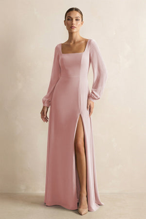 Square Neck Long Sleeves Chiffon Sheath Bridesmaid Dress in Dusty Rose - KissProm Bridesmaid Dresses