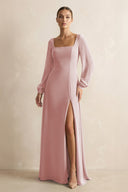 Square Neck Long Sleeves Chiffon Sheath Bridesmaid Dress in Dusty Rose - KissProm Bridesmaid Dresses