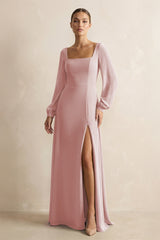 Square Neck Long Sleeves Chiffon Sheath Bridesmaid Dress in Dusty Rose - KissProm Bridesmaid Dresses