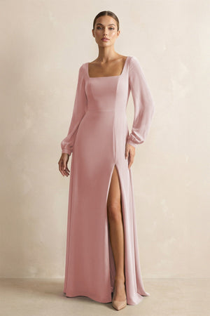 Square Neck Long Sleeves Chiffon Sheath Bridesmaid Dress in Dusty Rose - KissProm Bridesmaid Dresses