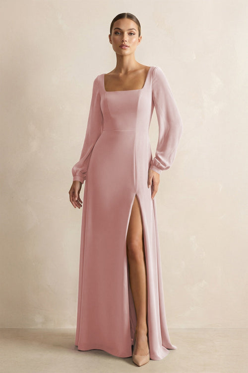 Square Neck Long Sleeves Chiffon Sheath Bridesmaid Dress in Dusty Rose - KissProm Bridesmaid Dresses