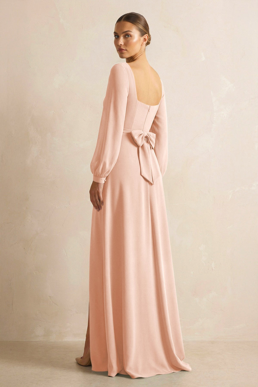 Square Neck Long Sleeves Chiffon Sheath Bridesmaid Dress in English Rose - KissProm Bridesmaid Dresses