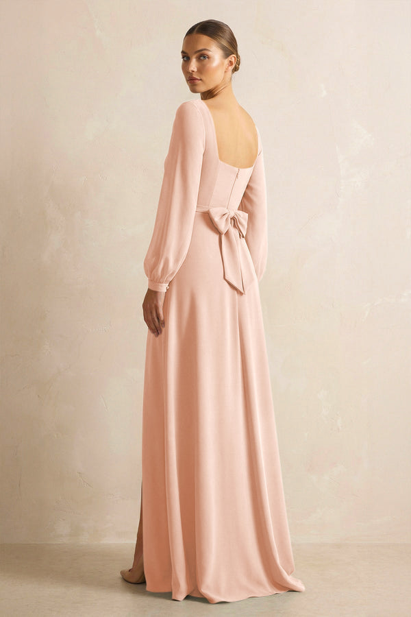 Square Neck Long Sleeves Chiffon Sheath Bridesmaid Dress in English Rose - KissProm Bridesmaid Dresses