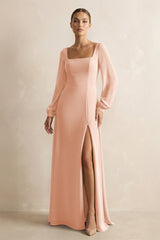 Square Neck Long Sleeves Chiffon Sheath Bridesmaid Dress in English Rose - KissProm Bridesmaid Dresses