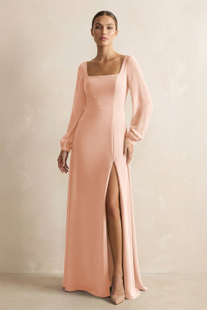 Square Neck Long Sleeves Chiffon Sheath Bridesmaid Dress in English Rose - KissProm Bridesmaid Dresses