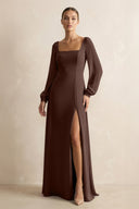 Square Neck Long Sleeves Chiffon Sheath Bridesmaid Dress in Espresso - KissProm Bridesmaid Dresses