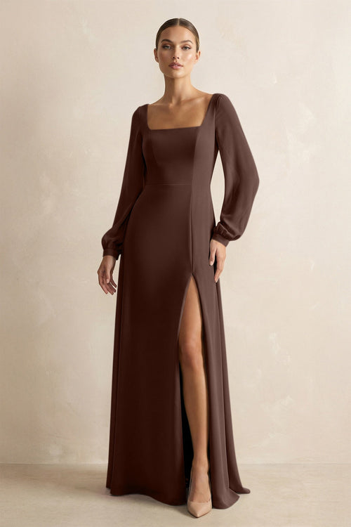 Square Neck Long Sleeves Chiffon Sheath Bridesmaid Dress in Espresso - KissProm Bridesmaid Dresses