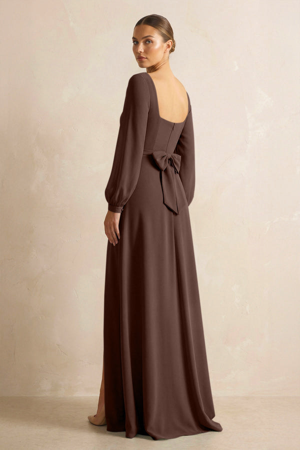 Square Neck Long Sleeves Chiffon Sheath Bridesmaid Dress in Espresso - KissProm Bridesmaid Dresses