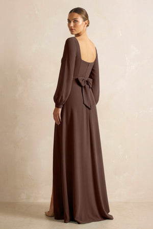 Square Neck Long Sleeves Chiffon Sheath Bridesmaid Dress in Espresso - KissProm Bridesmaid Dresses