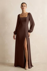 Square Neck Long Sleeves Chiffon Sheath Bridesmaid Dress in Espresso - KissProm Bridesmaid Dresses