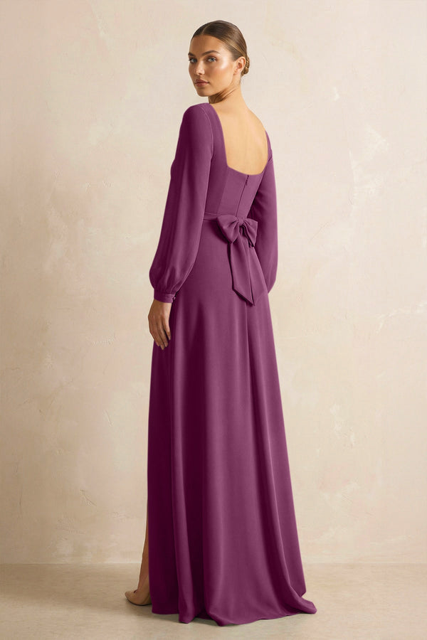 Square Neck Long Sleeves Chiffon Sheath Bridesmaid Dress in Fig - KissProm Bridesmaid Dresses