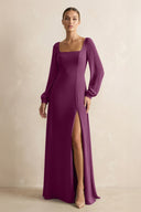 Square Neck Long Sleeves Chiffon Sheath Bridesmaid Dress in Fig - KissProm Bridesmaid Dresses