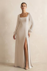Square Neck Long Sleeves Chiffon Sheath Bridesmaid Dress in Frost - KissProm Bridesmaid Dresses