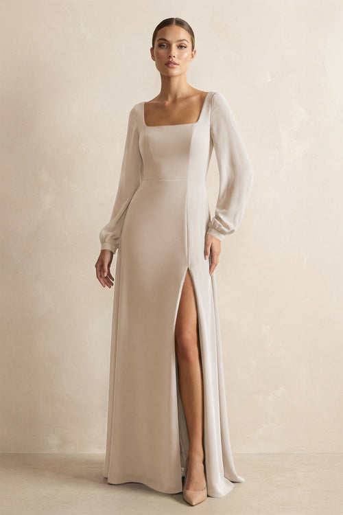 Square Neck Long Sleeves Chiffon Sheath Bridesmaid Dress in Frost - KissProm Bridesmaid Dresses