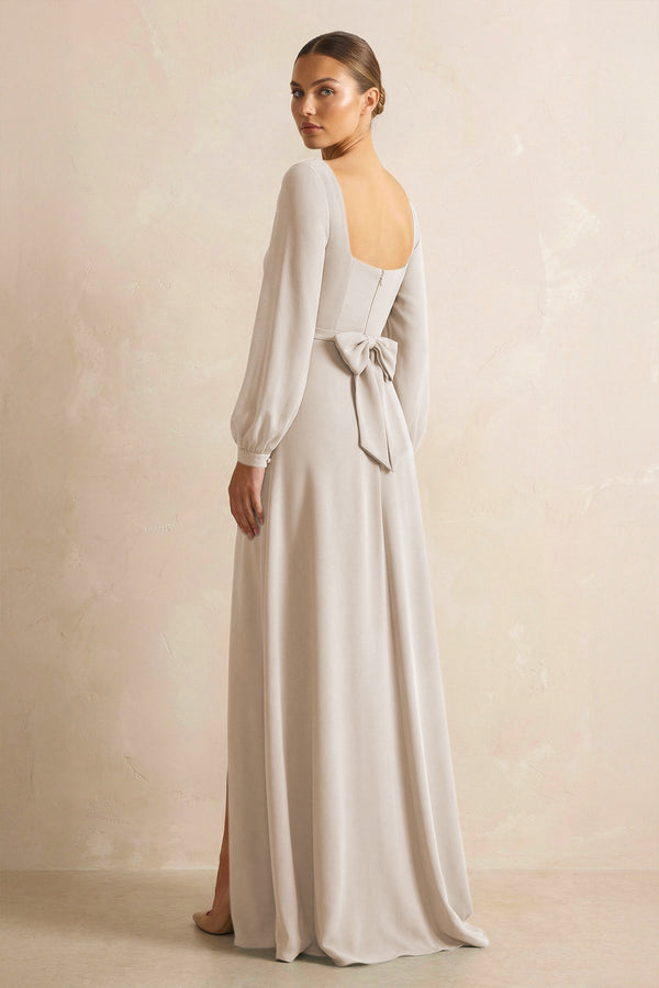 Square Neck Long Sleeves Chiffon Sheath Bridesmaid Dress in Frost - KissProm Bridesmaid Dresses