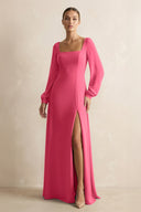 Square Neck Long Sleeves Chiffon Sheath Bridesmaid Dress in Fuchsia - KissProm Bridesmaid Dresses
