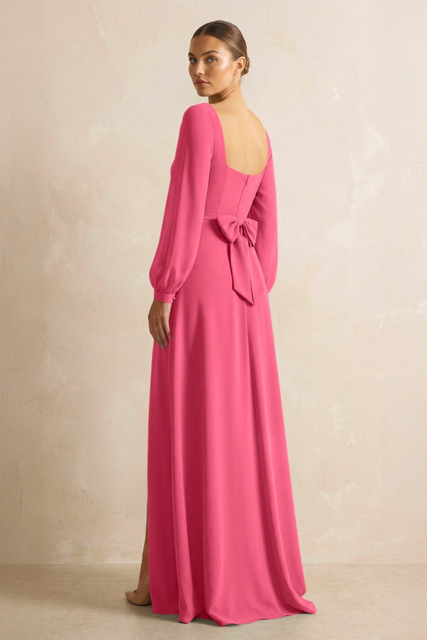 Square Neck Long Sleeves Chiffon Sheath Bridesmaid Dress in Fuchsia - KissProm Bridesmaid Dresses