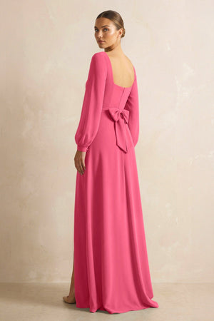 Square Neck Long Sleeves Chiffon Sheath Bridesmaid Dress in Fuchsia - KissProm Bridesmaid Dresses
