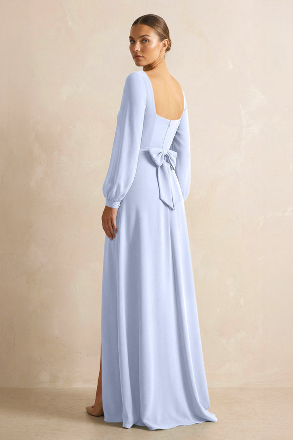 Square Neck Long Sleeves Chiffon Sheath Bridesmaid Dress in Ice - KissProm Bridesmaid Dresses