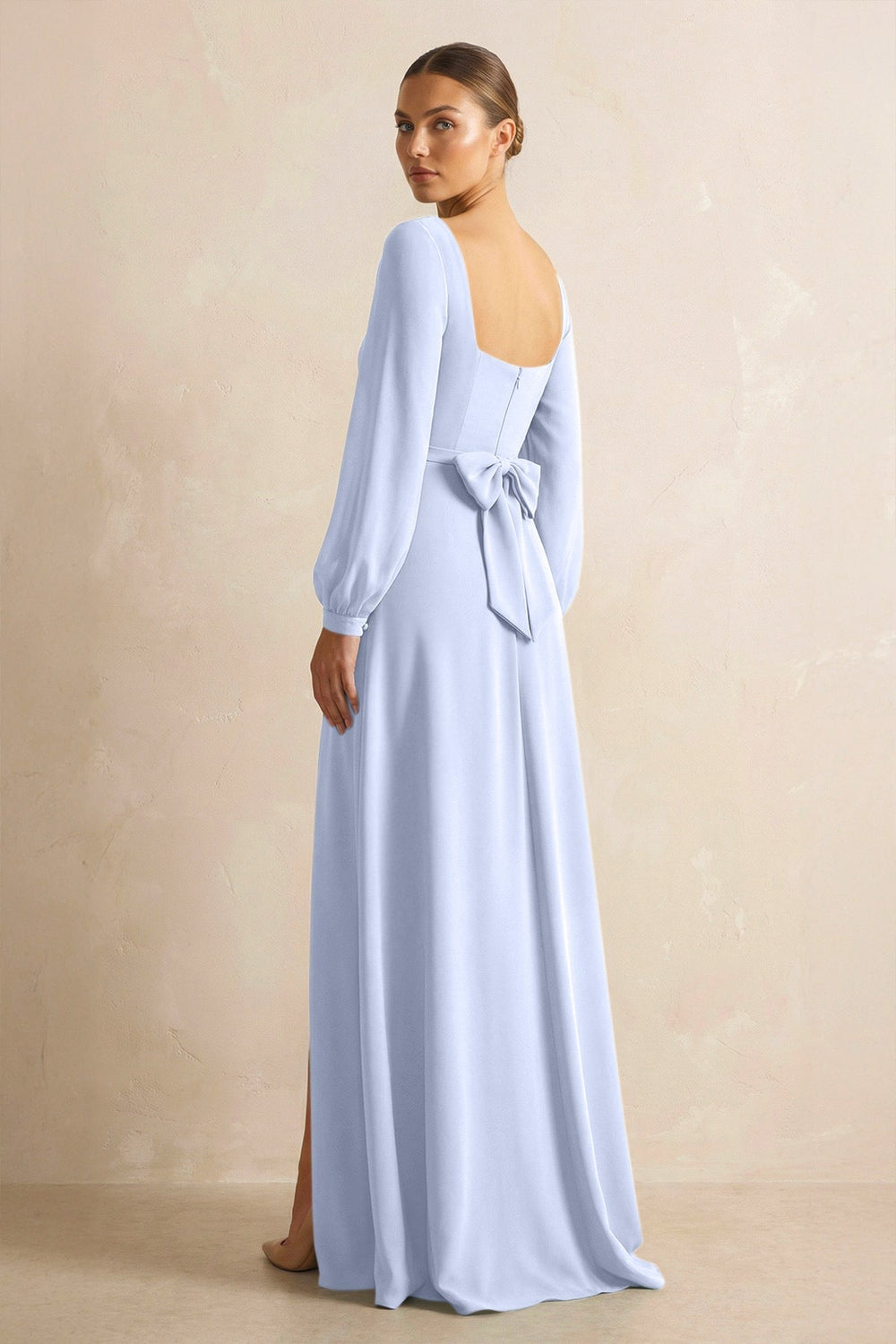 Square Neck Long Sleeves Chiffon Sheath Bridesmaid Dress in Ice - KissProm Bridesmaid Dresses