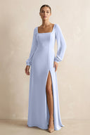 Square Neck Long Sleeves Chiffon Sheath Bridesmaid Dress in Ice - KissProm Bridesmaid Dresses