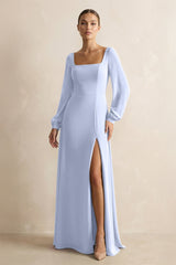Square Neck Long Sleeves Chiffon Sheath Bridesmaid Dress in Ice - KissProm Bridesmaid Dresses