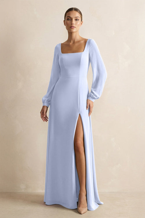 Square Neck Long Sleeves Chiffon Sheath Bridesmaid Dress in Ice - KissProm Bridesmaid Dresses