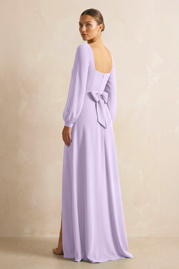 Square Neck Long Sleeves Chiffon Sheath Bridesmaid Dress in Lavender - KissProm Bridesmaid Dresses