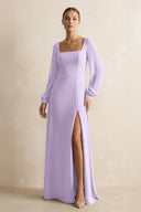 Square Neck Long Sleeves Chiffon Sheath Bridesmaid Dress in Lavender - KissProm Bridesmaid Dresses
