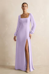 Square Neck Long Sleeves Chiffon Sheath Bridesmaid Dress in Lavender - KissProm Bridesmaid Dresses