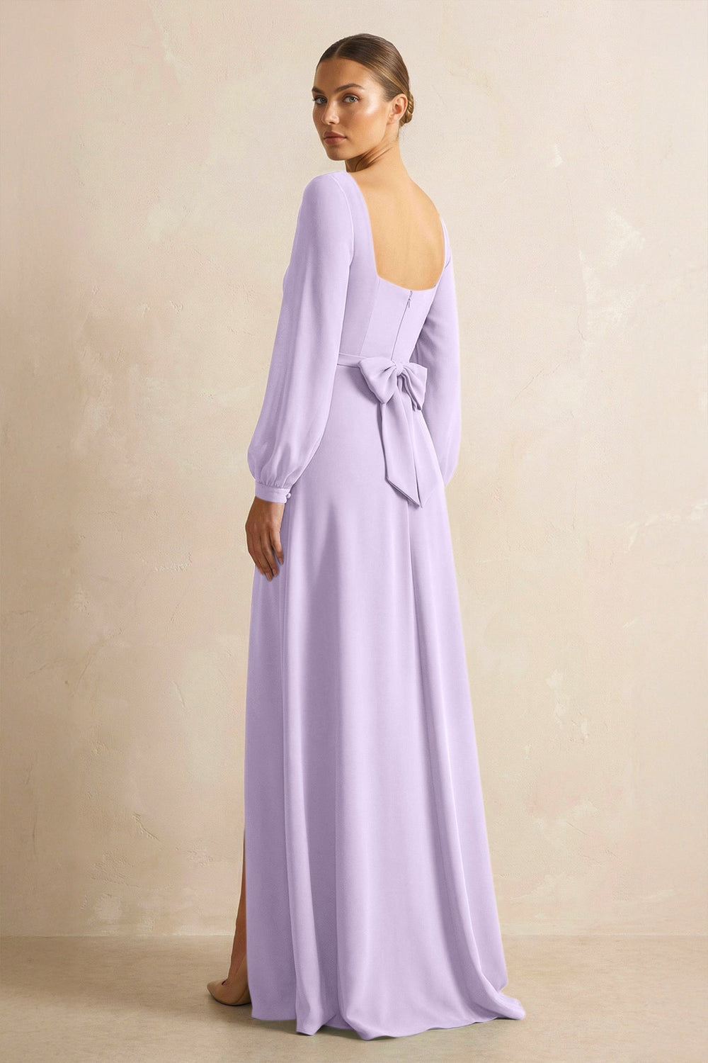 Square Neck Long Sleeves Chiffon Sheath Bridesmaid Dress in Lavender - KissProm Bridesmaid Dresses