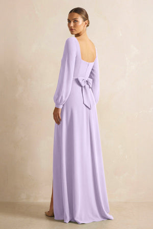 Square Neck Long Sleeves Chiffon Sheath Bridesmaid Dress in Lavender - KissProm Bridesmaid Dresses