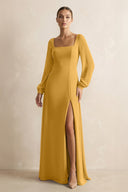 Square Neck Long Sleeves Chiffon Sheath Bridesmaid Dress in Marigold - KissProm Bridesmaid Dresses