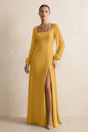 Square Neck Long Sleeves Chiffon Sheath Bridesmaid Dress in Marigold - KissProm Bridesmaid Dresses