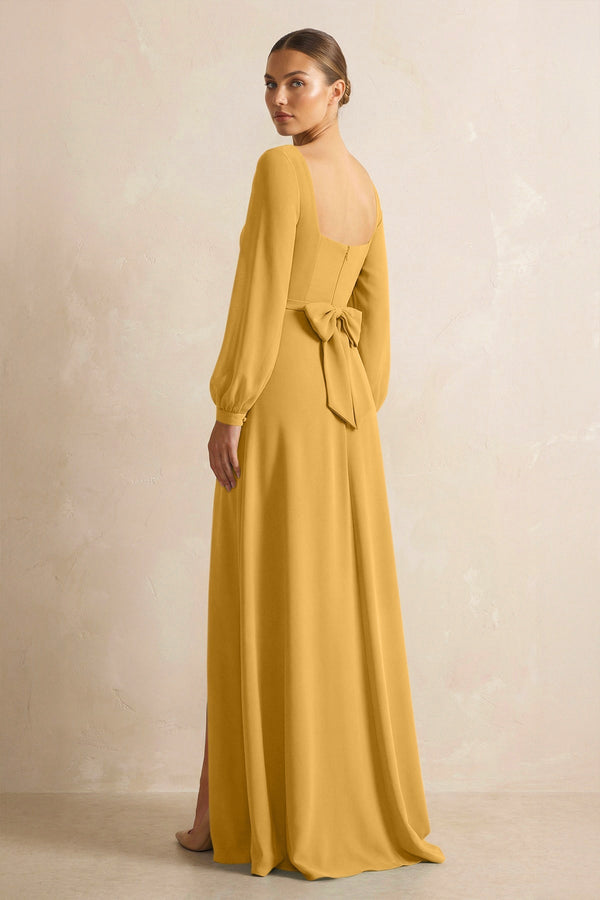 Square Neck Long Sleeves Chiffon Sheath Bridesmaid Dress in Marigold - KissProm Bridesmaid Dresses