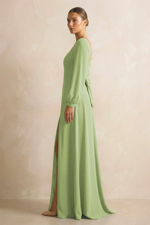 Square Neck Long Sleeves Chiffon Sheath Bridesmaid Dress in Matcha - KissProm Bridesmaid Dresses