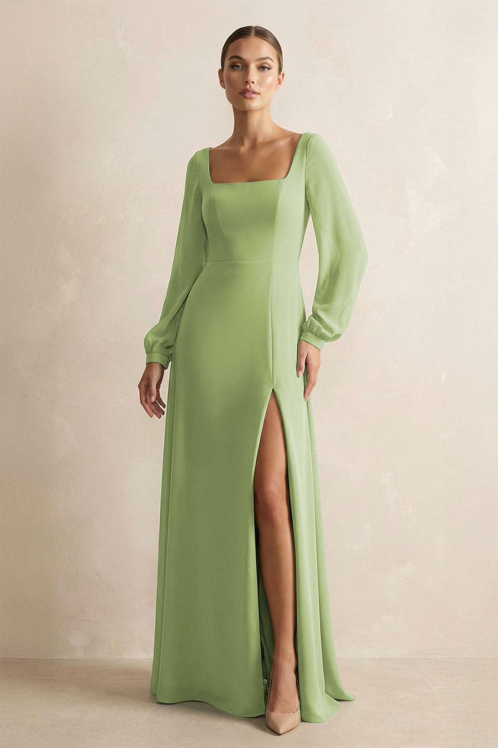 Square Neck Long Sleeves Chiffon Sheath Bridesmaid Dress in Matcha - KissProm Bridesmaid Dresses