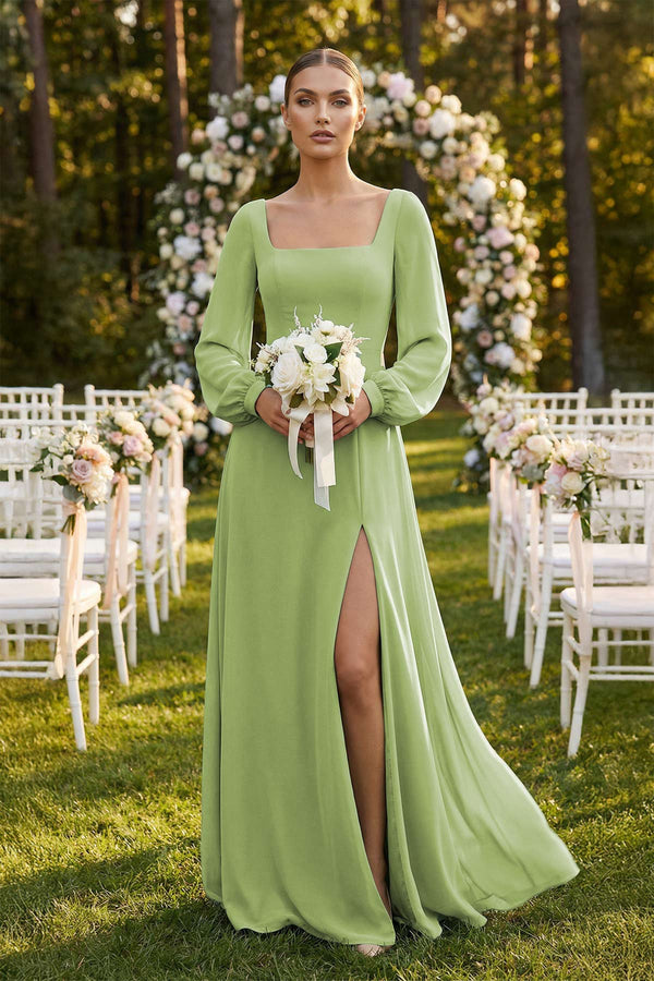 Square Neck Long Sleeves Chiffon Sheath Bridesmaid Dress in Matcha, Matcha / 4