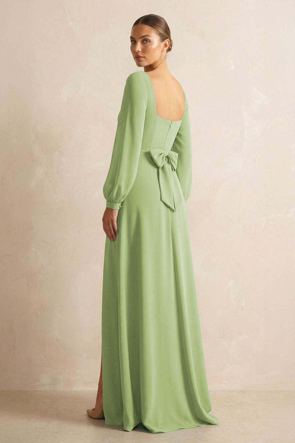 Square Neck Long Sleeves Chiffon Sheath Bridesmaid Dress in Matcha - KissProm Bridesmaid Dresses