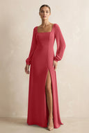 Square Neck Long Sleeves Chiffon Sheath Bridesmaid Dress in Merlot - KissProm Bridesmaid Dresses