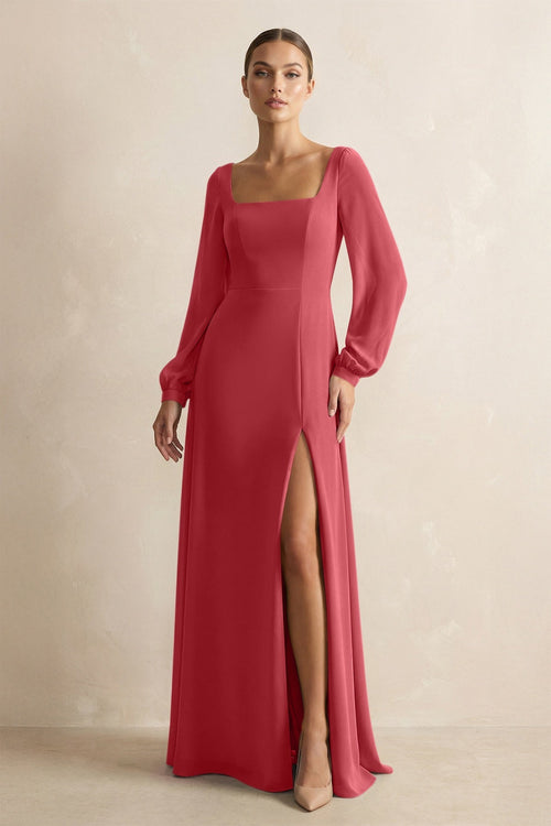 Square Neck Long Sleeves Chiffon Sheath Bridesmaid Dress in Merlot - KissProm Bridesmaid Dresses