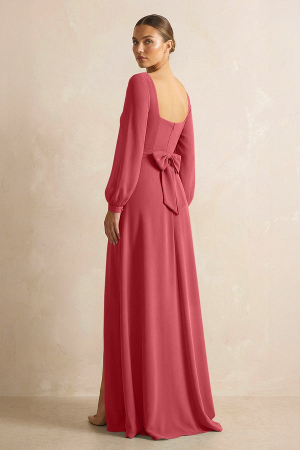 Square Neck Long Sleeves Chiffon Sheath Bridesmaid Dress in Merlot - KissProm Bridesmaid Dresses