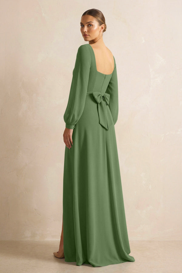 Square Neck Long Sleeves Chiffon Sheath Bridesmaid Dress in Moss - KissProm Bridesmaid Dresses