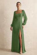 Square Neck Long Sleeves Chiffon Sheath Bridesmaid Dress in Moss - KissProm Bridesmaid Dresses